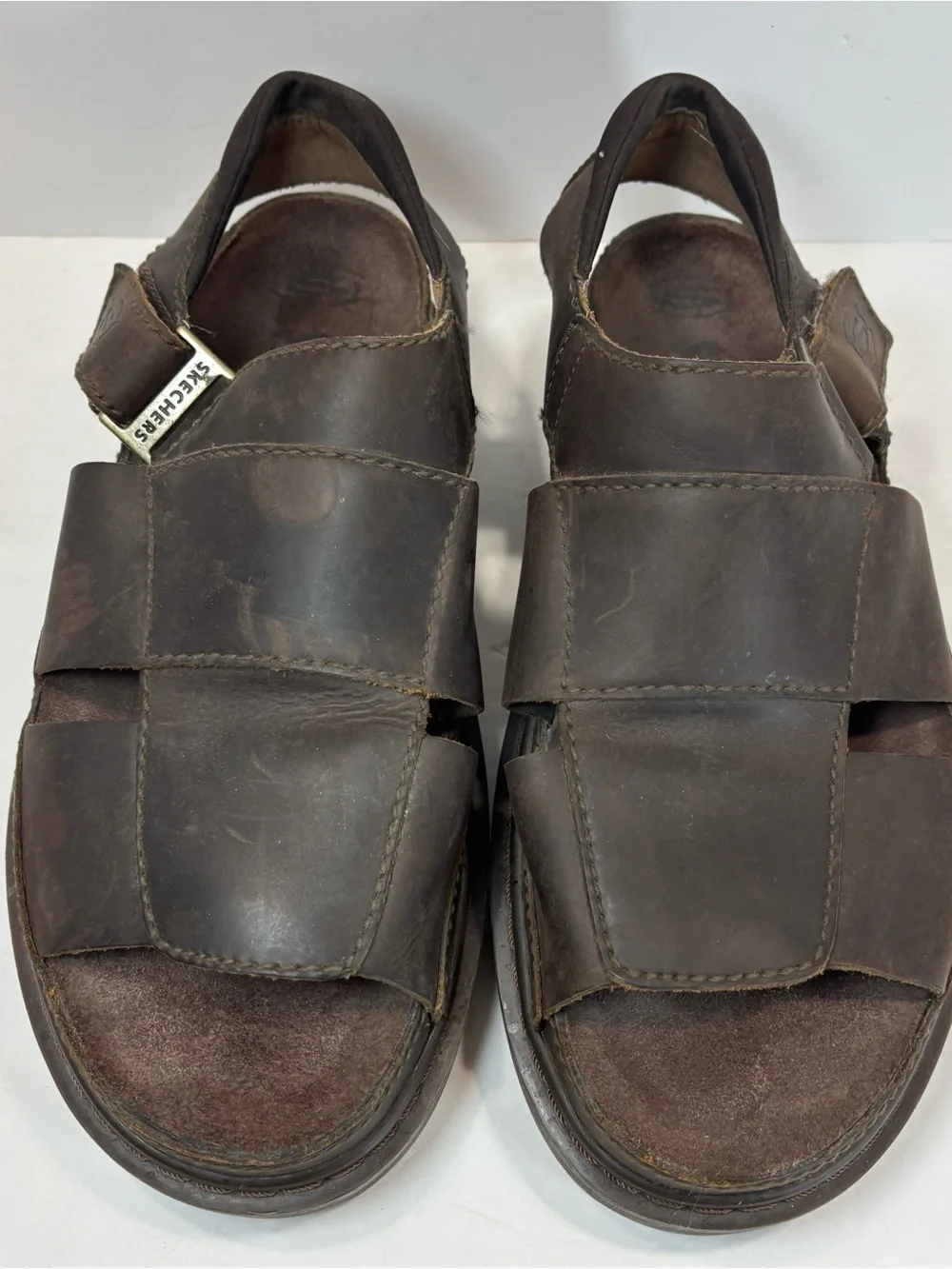 Vintage Skechers Mens Y2K Brown Leather Fisherman Jammers Chunky Sandals Size 13
